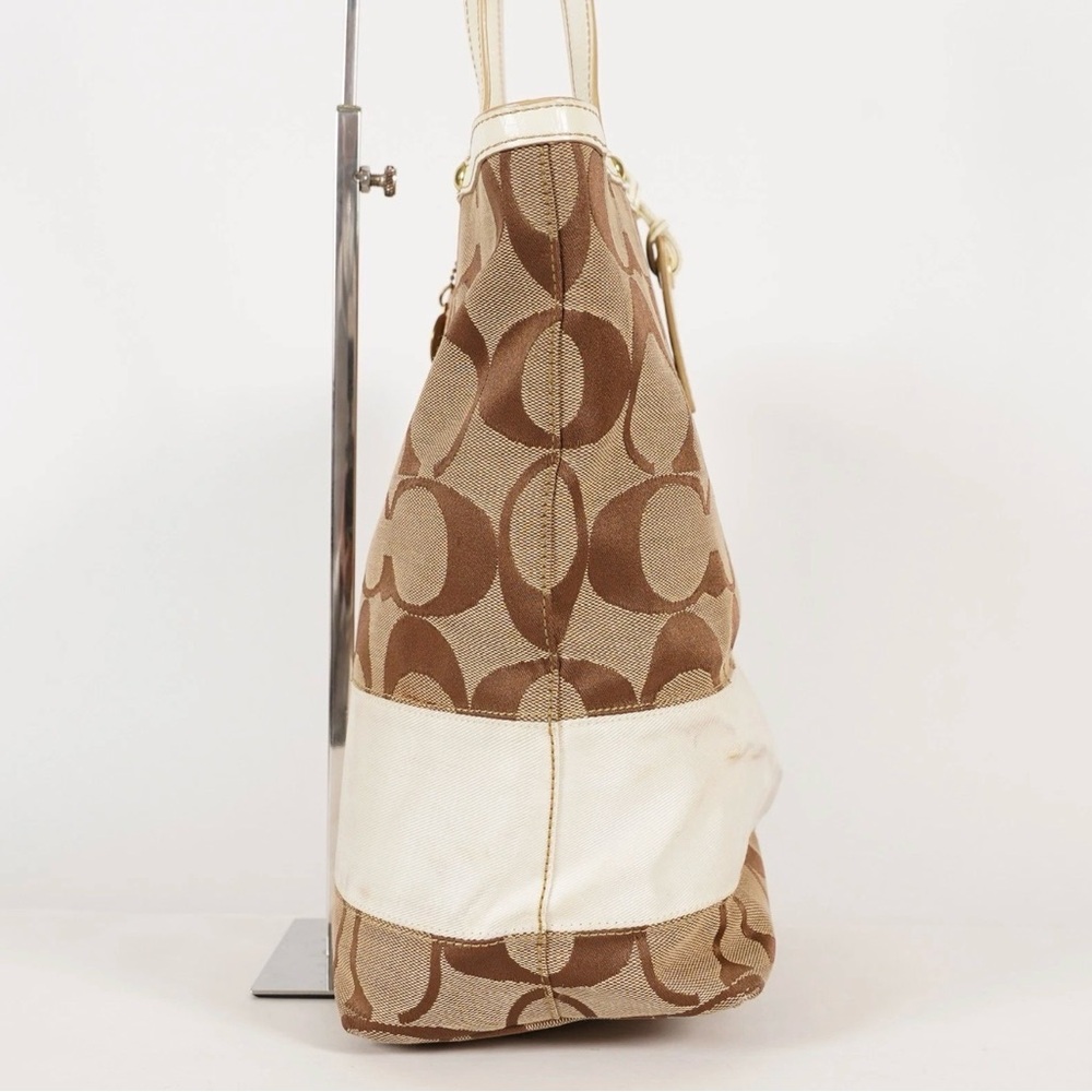 Coach Signature Brown and Cream Canvas Leather Tote Bag - Picture 7 of 16